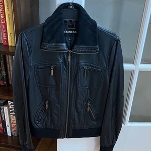 Express Black Leather Ribbed-Collar Jacket